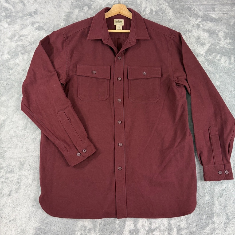 LL Bean Mens Large Chamois Flannel Shirt Maroon Casual Outdoor Rugged Workwear